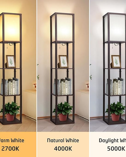 Floor Lamp with Shelves, Shelf Floor Lamp for Bedroom, Modern Standing Shelf Floor Lamp for Living Room Office with 3 CCT LED Bulb - Walnut. - LeafyLoom