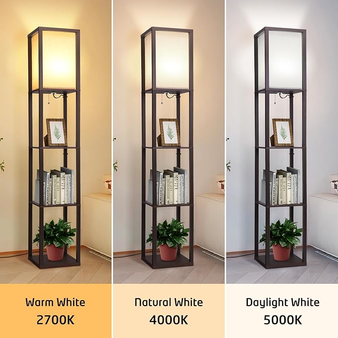 Floor Lamp with Shelves, Shelf Floor Lamp for Bedroom, Modern Standing Shelf Floor Lamp for Living Room Office with 3 CCT LED Bulb - Walnut. - LeafyLoom