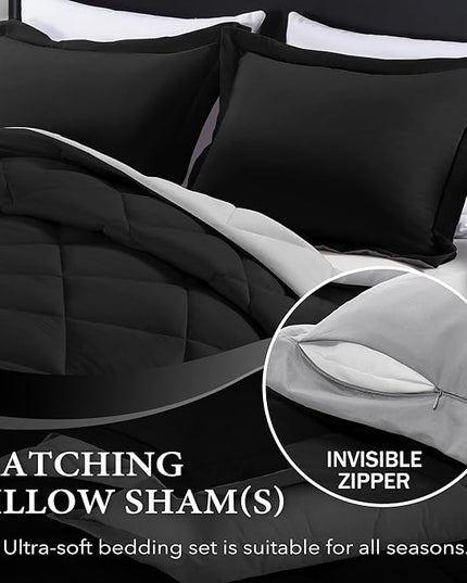 downluxe King Size Comforter Set - Black and Grey King Comforter, Soft Bedding Sets for All Seasons -3 Pieces - 1 Comforter (104"x92") and 2 Pillow Shams(20"x36") - LeafyLoom