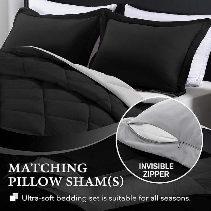 downluxe King Size Comforter Set - Black and Grey King Comforter, Soft Bedding Sets for All Seasons -3 Pieces - 1 Comforter (104"x92") and 2 Pillow Shams(20"x36") - LeafyLoom