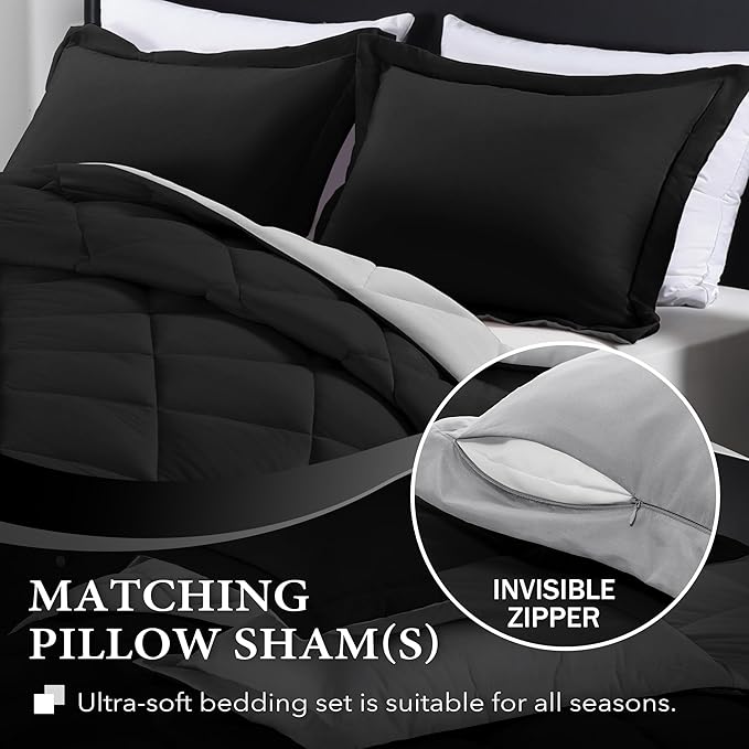 downluxe Full Size Comforter Set - Black and Grey Full Comforter - Soft Bedding Sets for All Seasons -3- Piece Comforter Set Full with 2 Reversible Pillow Shams - LeafyLoom