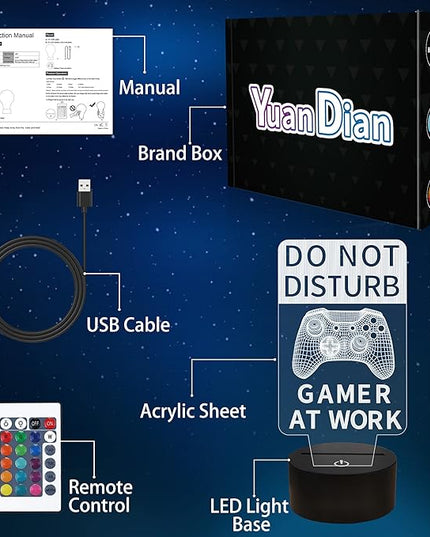 YuanDian Do Not Disturb Gamer at Work Night Light,Gamepad Graphic Video Games Gamer Gift Funny 3D Illusion Lamp 16 Colors Changing Touch & Remote Control for Men Teenagers and Kids - LeafyLoom
