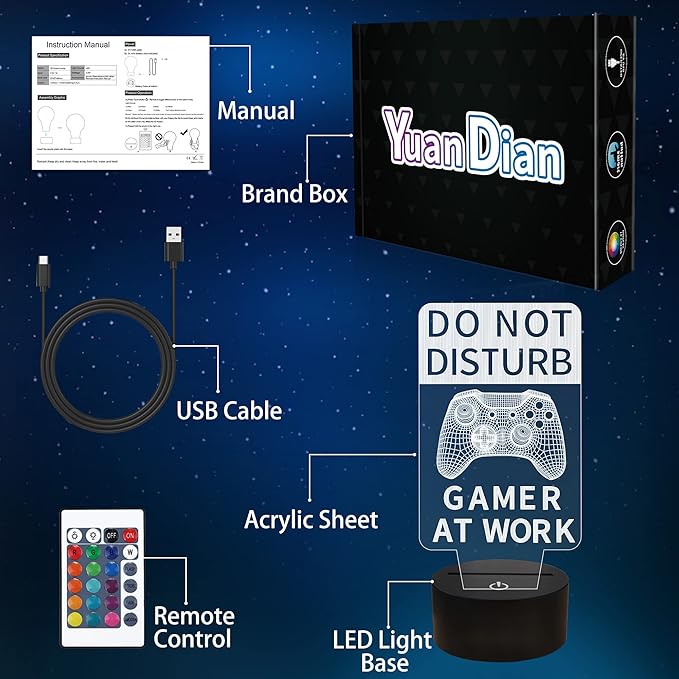 YuanDian Do Not Disturb Gamer at Work Night Light,Gamepad Graphic Video Games Gamer Gift Funny 3D Illusion Lamp 16 Colors Changing Touch & Remote Control for Men Teenagers and Kids - LeafyLoom