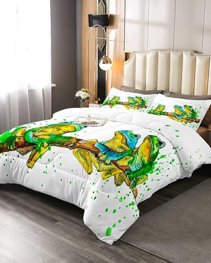 Erosebridal Cartoon Frog Comforter Set King Size, Green Tie Dye Down Comforter, Tree Branch Quilted Duvet,Animal Soft Duvet Insert for Kid Adult, White Room Decor Bedding Comforter Set - LeafyLoom