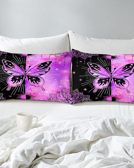 Butterfly Comforter Set for Girls Women, Butterfly Bed Set, Boho Butterflies with Sun and Moon Printed Bedding Sets, Black Purple Butterfly Comforter Set Full Size with 2 Pillowcases - LeafyLoom