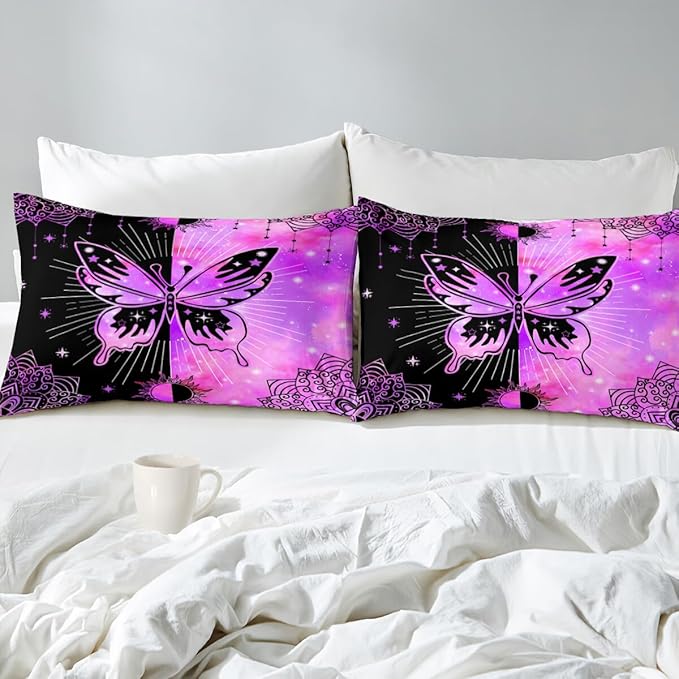 Butterfly Comforter Set for Girls Women, Butterfly Bed Set, Boho Butterflies with Sun and Moon Printed Bedding Sets, Black Purple Butterfly Comforter Set Full Size with 2 Pillowcases - LeafyLoom