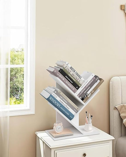 Tree Bookshelf, 3-Tier Book Storage Organizer Shelves Floor Standing Bookcase, Wood Storage Rack for Office Home School Shelf Display for Cd/Magazine（White） - LeafyLoom