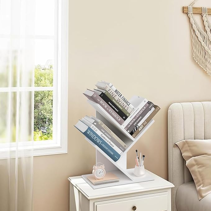 Tree Bookshelf, 3-Tier Book Storage Organizer Shelves Floor Standing Bookcase, Wood Storage Rack for Office Home School Shelf Display for Cd/Magazine（White） - LeafyLoom