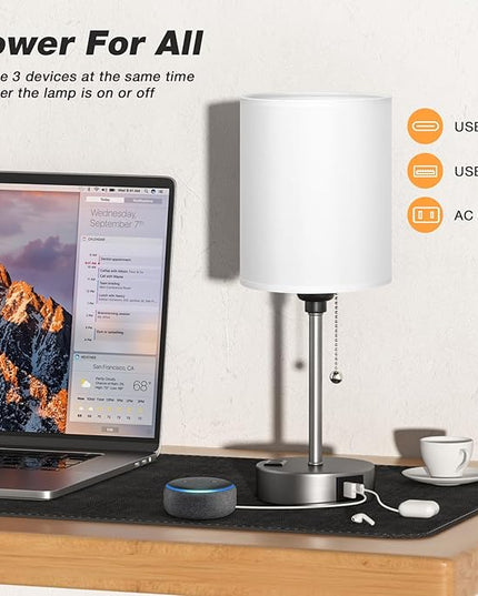 Dicoool White Bedside Lamp for Bedroom - 3 Color Temperatures Desk Lamp with USB C and A Ports, Pull Chain Table Lamp with AC Outlet, Nightstand Lamp with Silver Metal Base for Kids Girls - LeafyLoom