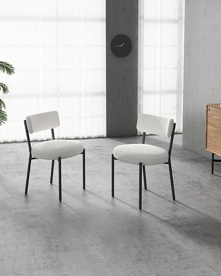 Boucle Dining Chairs Set of 2, Mid Century Dining Chairs with Metal Legs, Round Upholstered Sherpa Kitchen Dining Room Chairs Curved Backrest for Dining Room, Living Room, Kitchen,Black and White - LeafyLoom