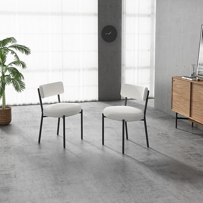 Boucle Dining Chairs Set of 2, Mid Century Dining Chairs with Metal Legs, Round Upholstered Sherpa Kitchen Dining Room Chairs Curved Backrest for Dining Room, Living Room, Kitchen,Black and White - LeafyLoom