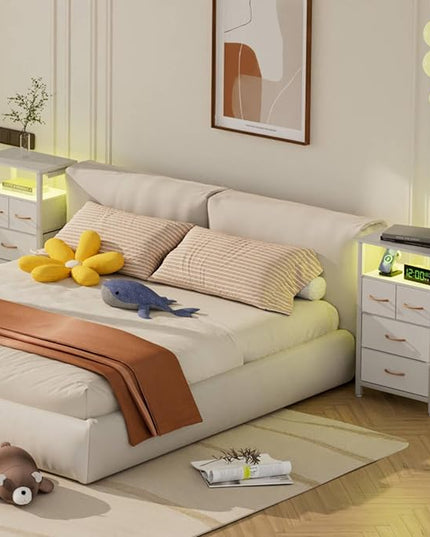 Furnulem 4 Drawer Dresser with Led Light and Charging Station, White Night Stand with Storage Shelf and Fabric & PVC Drawer, 33 Inch Bedside Table, Tall Nightstand for Entryway, Bedroom Furniture - LeafyLoom