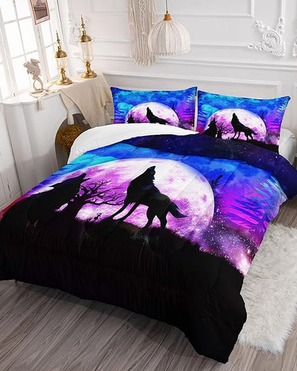 Wolf Comforter Set Galaxy Wolf Night Moon Bedding Set for Kids Teens Room Decor Wild Animals Comforter with 2 Pillowcases - LeafyLoom