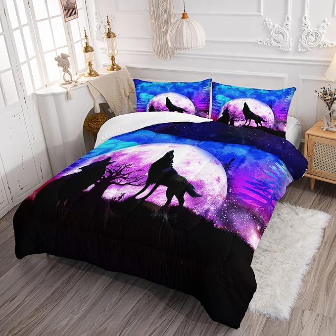 Wolf Comforter Set Galaxy Wolf Night Moon Bedding Set for Kids Teens Room Decor Wild Animals Comforter with 2 Pillowcases - LeafyLoom