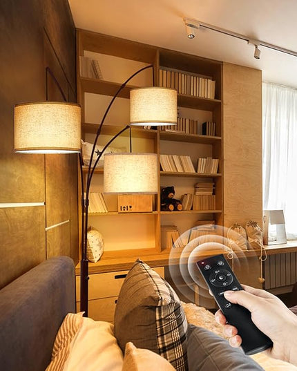 OUTON Floor Lamp with Remote Control, Modern Bright Lamps for Living Room, Adjustable 3-Light Tall Arched Lamp for Bedroom, Office, 2400lm Mid Century Design with Hanging Shade - LeafyLoom