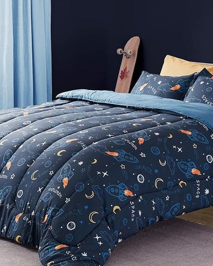 SLEEP ZONE Kids Twin Bedding Comforter Set - Super Cute & Soft Kids Bedding 5 Pieces Set with Comforter, Sheet, Pillowcase & Sham (Space Rocket) - LeafyLoom