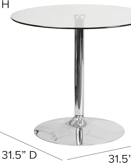 Flash Furniture Hills 31.5'' Round Glass Dining Table with 29''H Chrome Base, Decorative Narrow Round Tempered Glass Cocktail Table, Clear/Silver - LeafyLoom