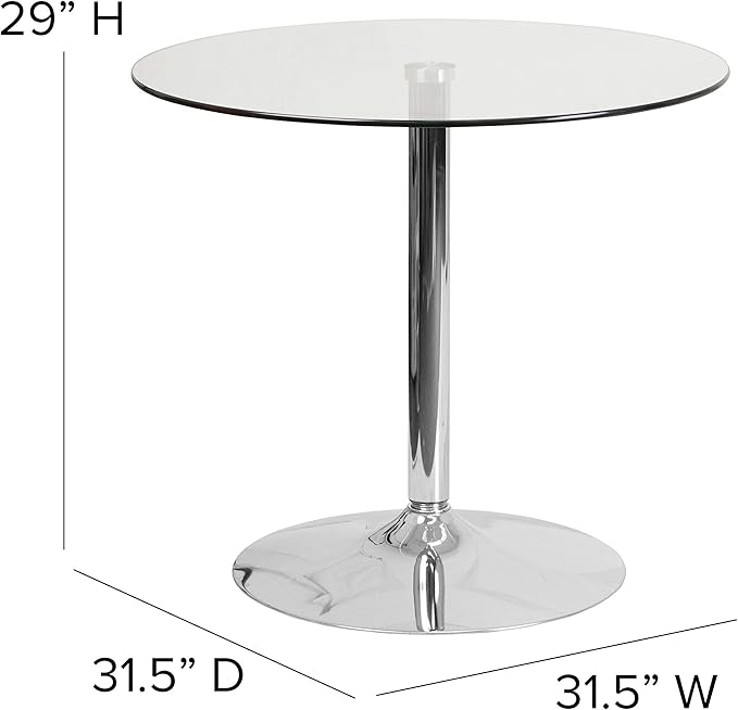 Flash Furniture Hills 31.5'' Round Glass Dining Table with 29''H Chrome Base, Decorative Narrow Round Tempered Glass Cocktail Table, Clear/Silver - LeafyLoom