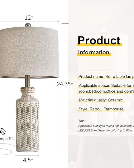 24.75'' Farmhouse Cream-White Ceramic Single Table Lamp for Bedroom Living Room Vintage Traditional Rustic Modern Nightstand Bedside Lamps - LeafyLoom