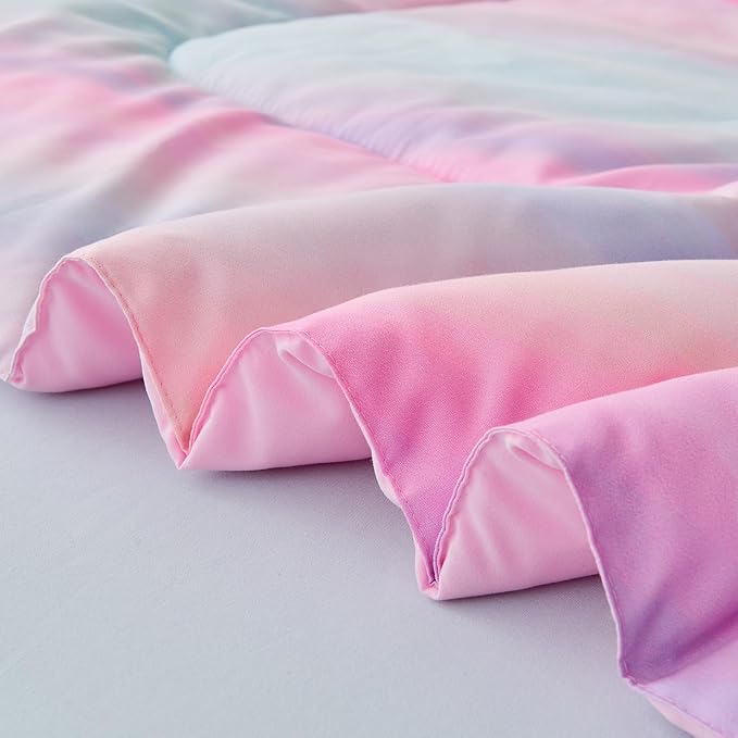 Wajade Girls Pink Comforter Set Bed in A Bag Queen Size 7 Piece 3D Colorful Tie Dye Pink Rainbow Bedding Set for Teens Girls (1 Comforter, 1 Flat Sheet, 1 Fitted Sheet, 2 Pillowcase and 2 Pillow Sham) - LeafyLoom
