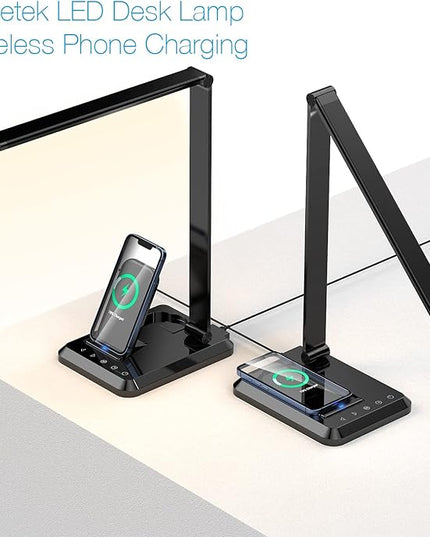 Fugetek LED Desk Office Lamp with Wireless Charger & USB Charging Port, Touch Control, 5 Lighting Modes, 30/60 Min Auto Timer, Eye-Caring, Dimmer, Black - LeafyLoom