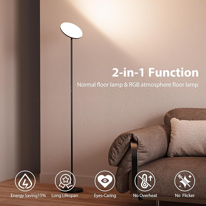 Dimunt Floor Lamp, 36W/3600LM Super Bright LED Floor Lamps, RGB Modern Standing Lamp with Remote and Button Control, 3000K-6500K Dimmable Tall Lamp for Living Room, Bedroom, Game Room, RGB Corner Lamp - LeafyLoom