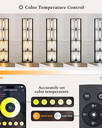 FENLO Fancy - LED Display Shelf with Dimmable Lights, LED Shelf Floor Lamps for Living Room, Sturdy Corner Shelf Curio Cabinet Display, Tall Floor Lamps with Shelves - LeafyLoom