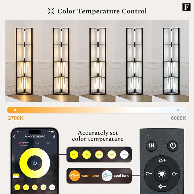 FENLO Fancy - LED Display Shelf with Dimmable Lights, LED Shelf Floor Lamps for Living Room, Sturdy Corner Shelf Curio Cabinet Display, Tall Floor Lamps with Shelves - LeafyLoom