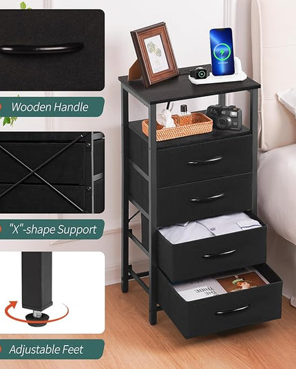 Yoobure Night Stand - LED Black Nightstand with Charging Station, Bedside Table with 4 Storage Drawers and Storage Shelf, End Table with USB Ports and Outlets, Fabric Tall Dresser for Bedroom - LeafyLoom