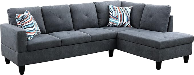 ROOMTEC L Shape Sectional Sofa Set, 5 Seat Upholstered Corner Couch with Storage Ottoman & Right Chaise Lounge, Luxurious Flannelette Tufted Cushions, for Living Room, Apartment, Dark Grey - LeafyLoom