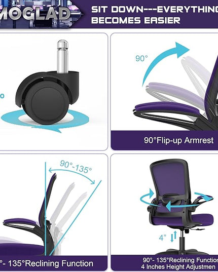 Office Chair, Ergonomic Desk Chair with Adjustable Lumbar Support, High Back Mesh Computer Chair with Flip-up Armrests-BIFMA Passed Task Chairs, Executive Chair for Home Office - LeafyLoom
