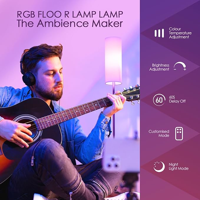 Floor Lamps for Living Room, Modern Floor Lamp with RGB LEDs Bulb,Standing Floor Lamp with App Control & Remote Control,Tall Reading Lamp for Bedroom, Living Room, White lampshade - LeafyLoom