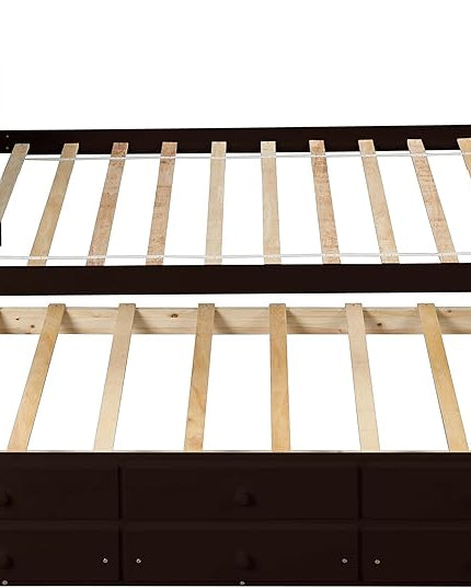 Platform Bed Twin Size with Bookcase Headboard, Trundle and 3 Drawers, Wooden Storage Bedframe for Kids Teens Adults Bedroom - LeafyLoom