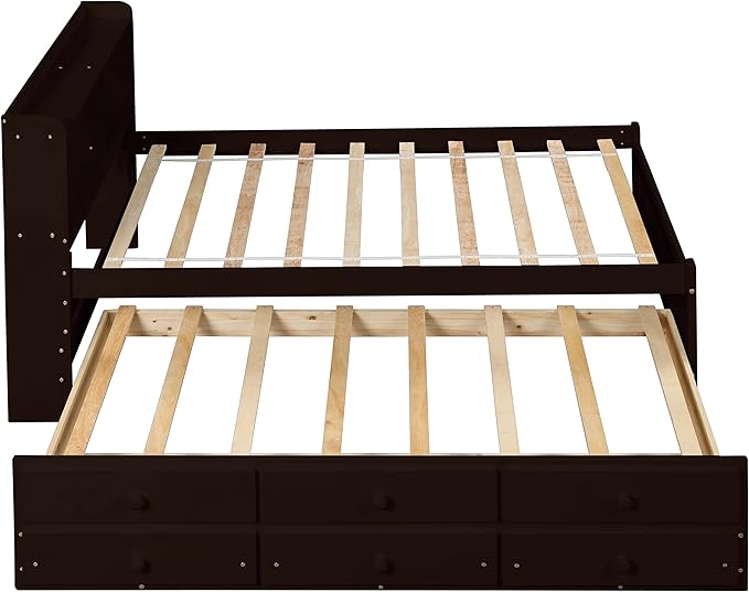 Platform Bed Twin Size with Bookcase Headboard, Trundle and 3 Drawers, Wooden Storage Bedframe for Kids Teens Adults Bedroom - LeafyLoom