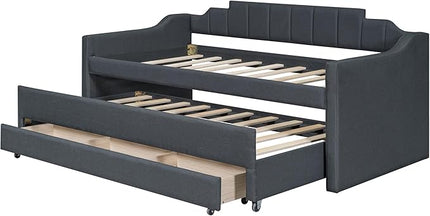 Merax Linen Upholstered Daybed Three Storage Size Wooden Sofa Bed Frame with Backrest and Both Side Armrests for Living, Guest Room, Apartments, Office, Twin with Trundle and Drawers, Grey - LeafyLoom