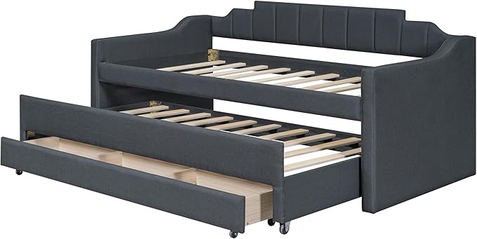 Merax Linen Upholstered Daybed Three Storage Size Wooden Sofa Bed Frame with Backrest and Both Side Armrests for Living, Guest Room, Apartments, Office, Twin with Trundle and Drawers, Grey - LeafyLoom