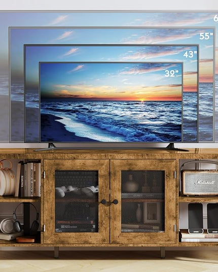 TV Stands for Living Room, Industrial TV Stand for Bedroom Furniture, Farmhouse TV Stand 65 Inch Television Stand with Back Panel, Modern Horizontal Wood and Metal Open Bookshelf, Rustic Brown - LeafyLoom