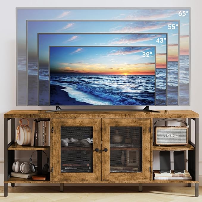 TV Stands for Living Room, Industrial TV Stand for Bedroom Furniture, Farmhouse TV Stand 65 Inch Television Stand with Back Panel, Modern Horizontal Wood and Metal Open Bookshelf, Rustic Brown - LeafyLoom