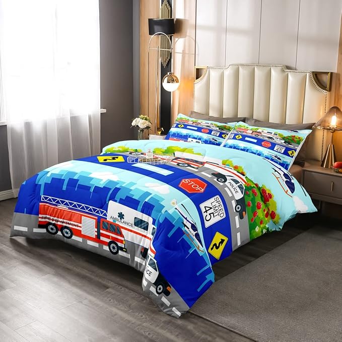 Kids Fire Trucks Car Comforter Set Queen Size Cartoon Police Car Down Comforter Airplane Rescue Vehicles Beding Set Boys Girls Car Room Decor Soft Lightweight Duvet Set, Colorful Comforter - LeafyLoom