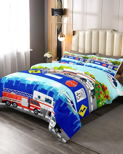 Erosebridal Kids Fire Trucks Car Comforter Set Full Size Cartoon Police Car Down Comforter Airplane Rescue Vehicles Beding Set Boys Girls Car Room Decor Soft Lightweight Duvet Set, Colorful Comforter - LeafyLoom