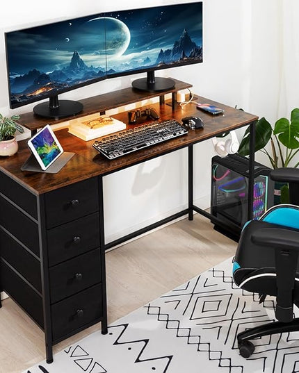 Computer Desk with LED Light & Power Outlets, 47 Inch Gaming Desk with 4 Fabric Drawers, Office Desk with Monitor Stand, Work Writing Desk with Hooks for Home Office, Bedroom, Brown, HGD12BR - LeafyLoom
