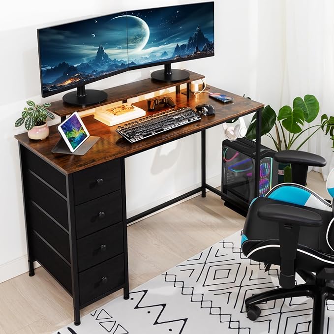 Computer Desk with LED Light & Power Outlets, 55 Inch Gaming Desk with 4 Fabric Drawers, Office Desk with Monitor Stand, Work Writing Desk with Hooks for Home Office, Bedroom, Brown, HGD14BR - LeafyLoom