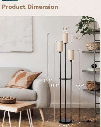 LEDIARY 65" Floor Lamp for Living Room 3-Light Modern Floor Lamps with Shelves, Linen Shades Standing Lamp with On/Off Foot Switch for Bedroom, Black Tall Lamp for Office Corner - LeafyLoom