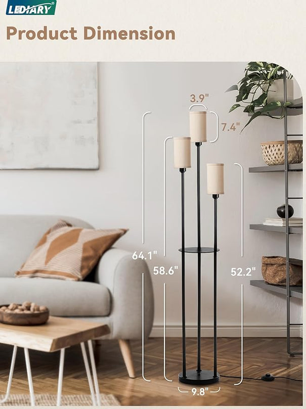 LEDIARY 65" Floor Lamp for Living Room 3-Light Modern Floor Lamps with Shelves, Linen Shades Standing Lamp with On/Off Foot Switch for Bedroom, Black Tall Lamp for Office Corner - LeafyLoom