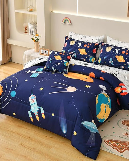 8 Piece Kid Comforter Set Twin Size Bed in a Bag, Space Rocket Bedding Set for Teen Boys Girls - LeafyLoom