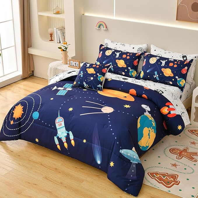 8 Piece Kid Comforter Set Twin Size Bed in a Bag, Space Rocket Bedding Set for Teen Boys Girls - LeafyLoom