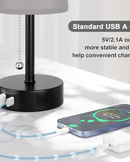 Grey Table Bedside Lamp for Bedroom Nightstand- Small Lamp with USB A + C Charging Port, 3 Color Temperatures Pull Chain Night Stand Light with Bulb, Side Table Desk Reading Lamp for Living Room - LeafyLoom