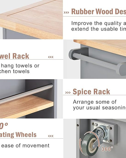 Rolling Storage, Two-sided Kitchen Island Cart on Wheels with Wood Top, Wine and Spice Rack, 2 Drawers, 3 Open Compartments, for Dining Room, Home, Grey Blue, 46 Inch - LeafyLoom