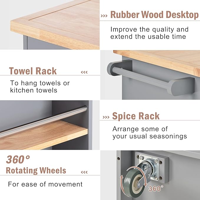 Rolling Storage, Two-sided Kitchen Island Cart on Wheels with Wood Top, Wine and Spice Rack, 2 Drawers, 3 Open Compartments, for Dining Room, Home, Grey Blue, 46 Inch - LeafyLoom