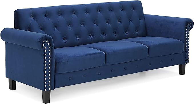 Furinno Bastia Vintage Modern Chesterfield Button Tufted 3-Seater Sofa Couch for Living Room, Navy Velvet - LeafyLoom